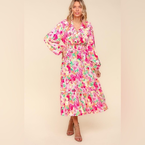 Floral Surplice Balloon Sleeve Dress with Side Pockets - Picture 2 of 6